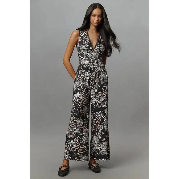 Farm Rio Pants - Farm Rio Anthropologie Printed V-Neck Jumpsuit Wide Leg Floral Birds Size L NWT